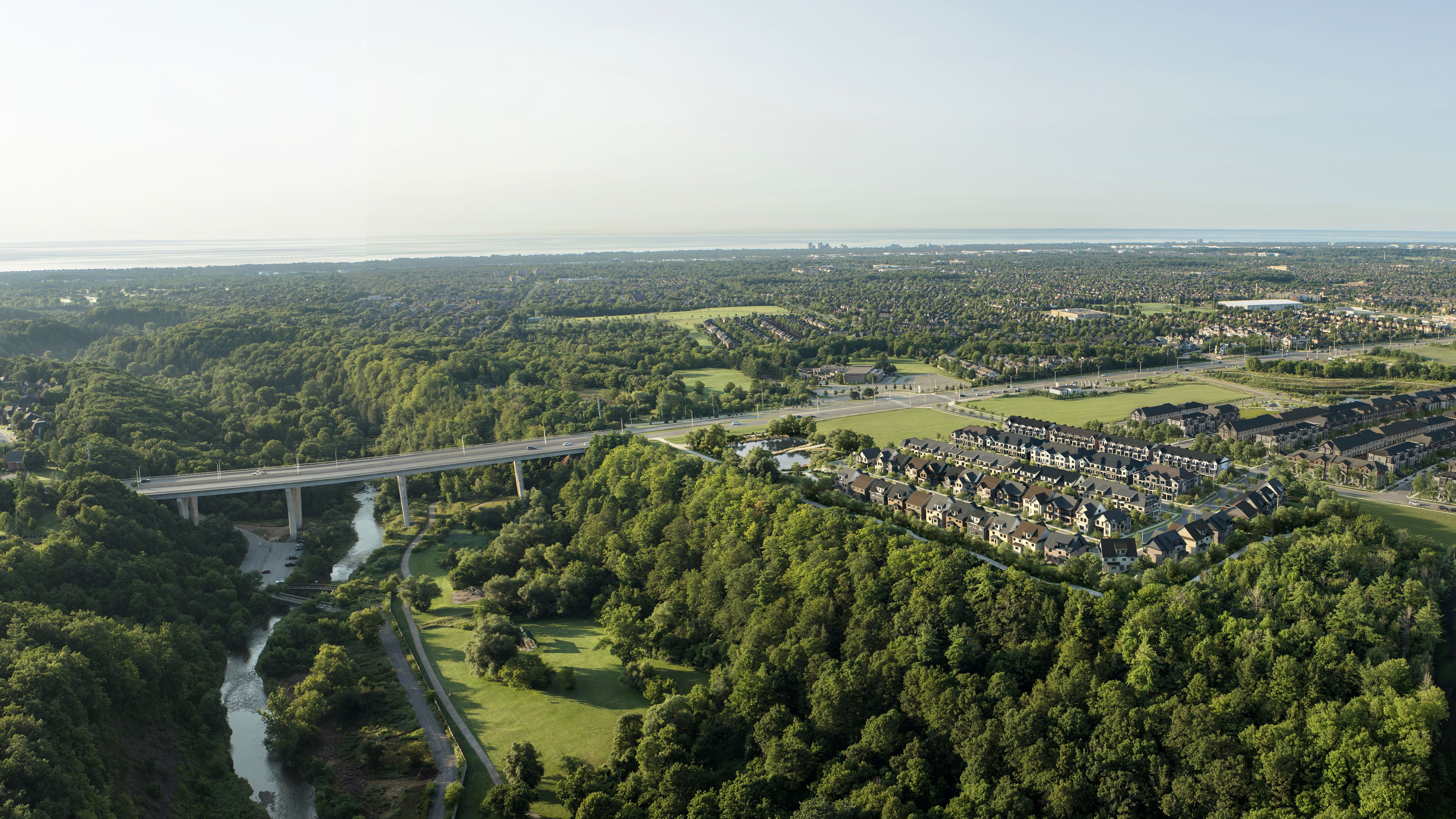 Five Oaks community aerial rendering showing premium lots backing onto Lions Valley Park in Oakville