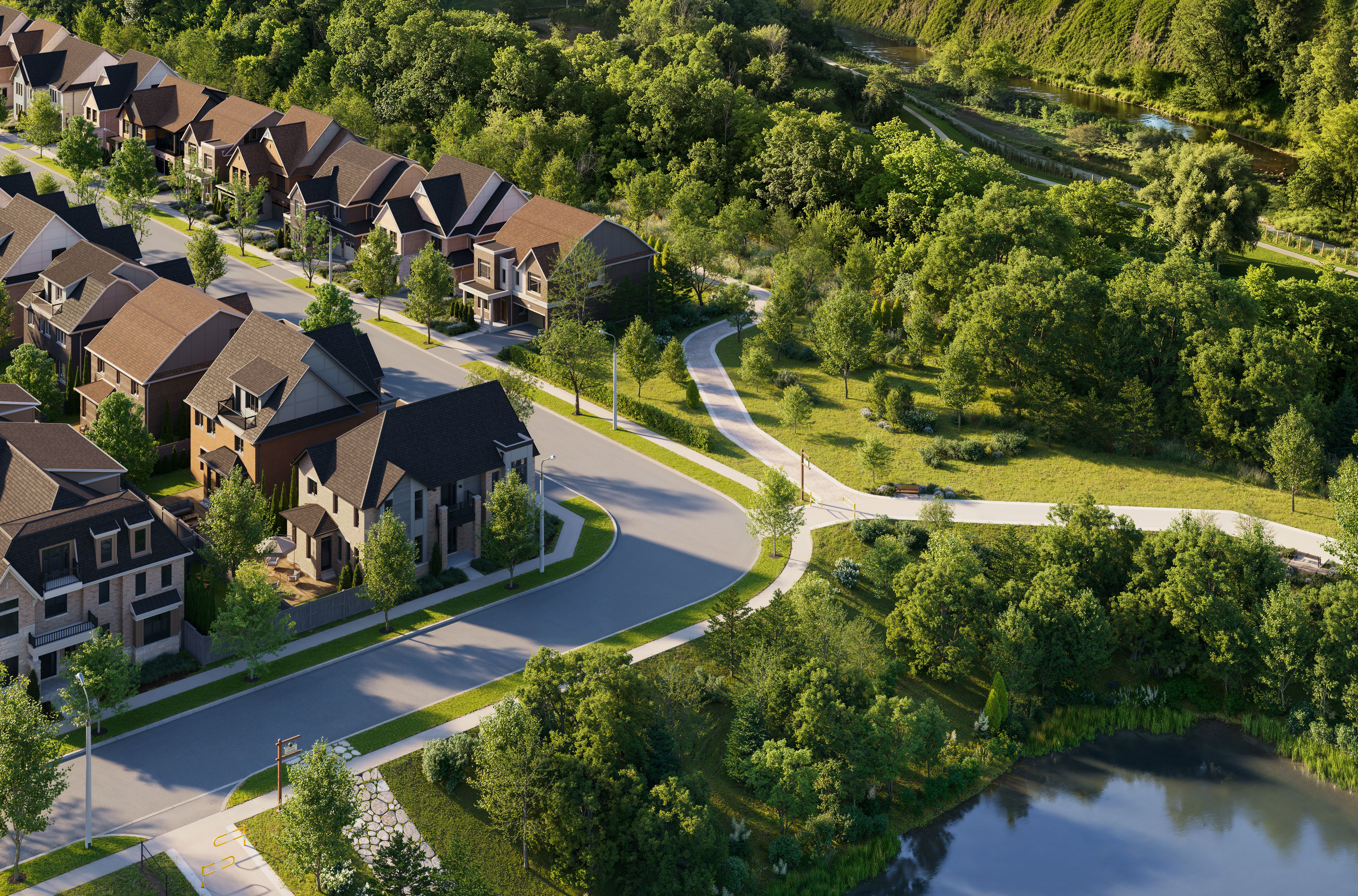 Five Oaks pond and pathway aerial rendering